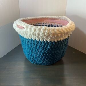 Cozy Knit Storage Basket Cover - Blue and White